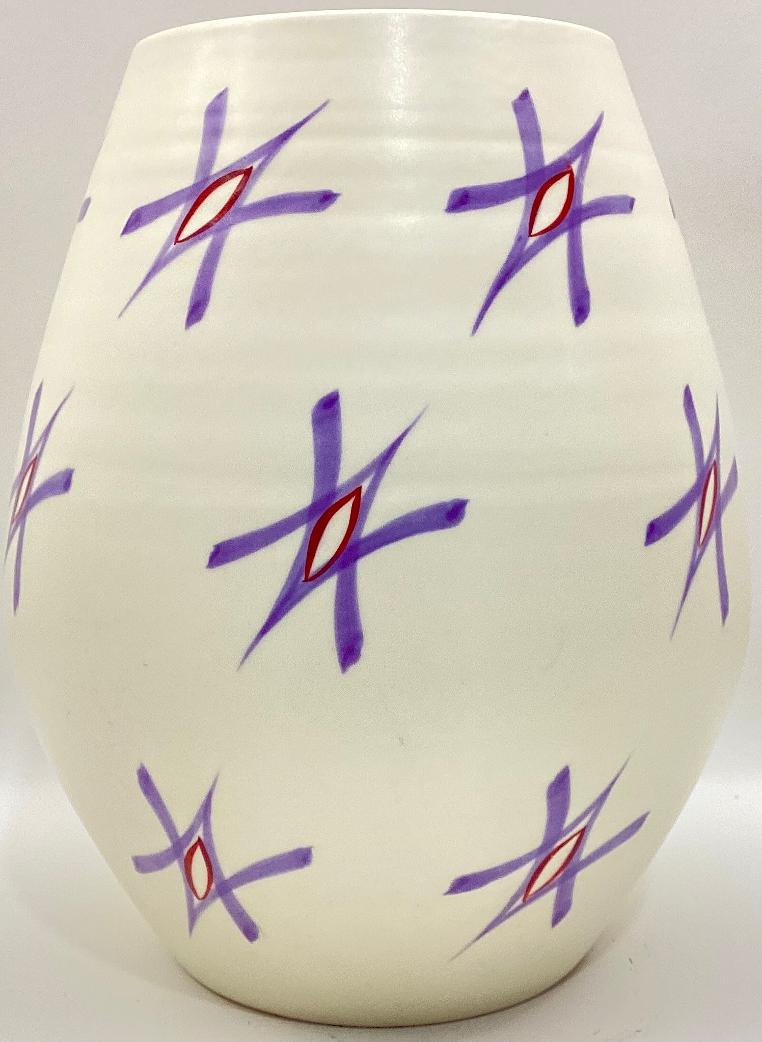 Poole Pottery shape 716 FSU pattern (purple stars) unusual shape freeform vase 8" high.