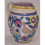 Poole Pottery shape 309 large AS pattern jug decorated by Marjorie Batt 8" high.