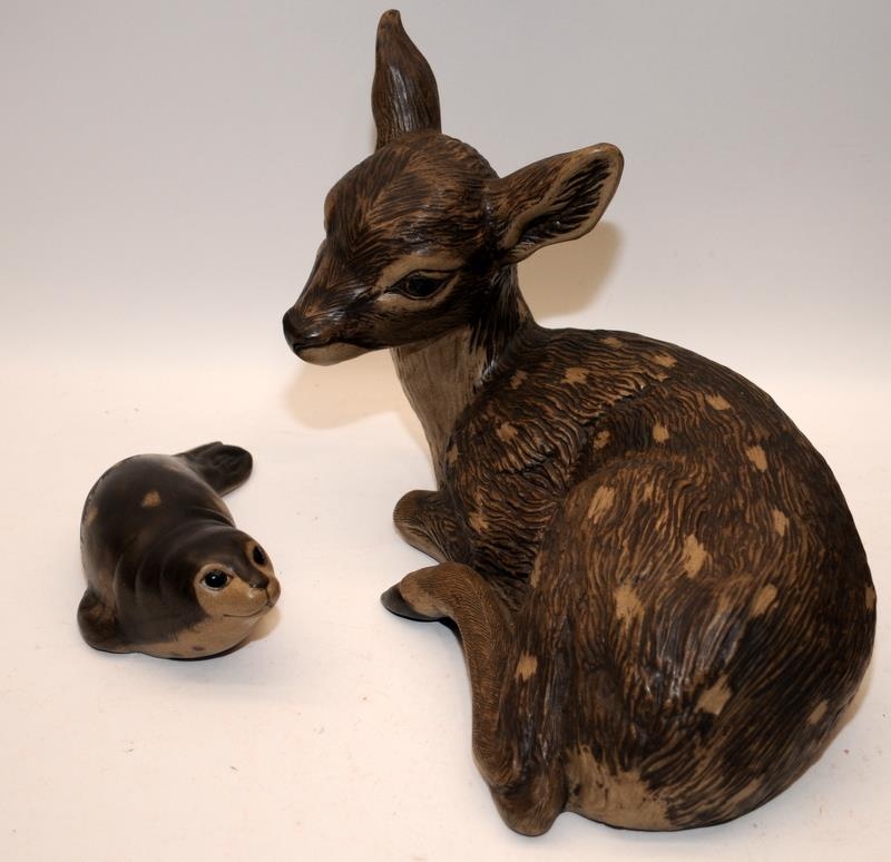 Poole Pottery stoneware model of a large fawn, small fawn, fox & seal (4)