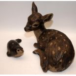Poole Pottery stoneware model of a large fawn, small fawn, fox & seal (4)