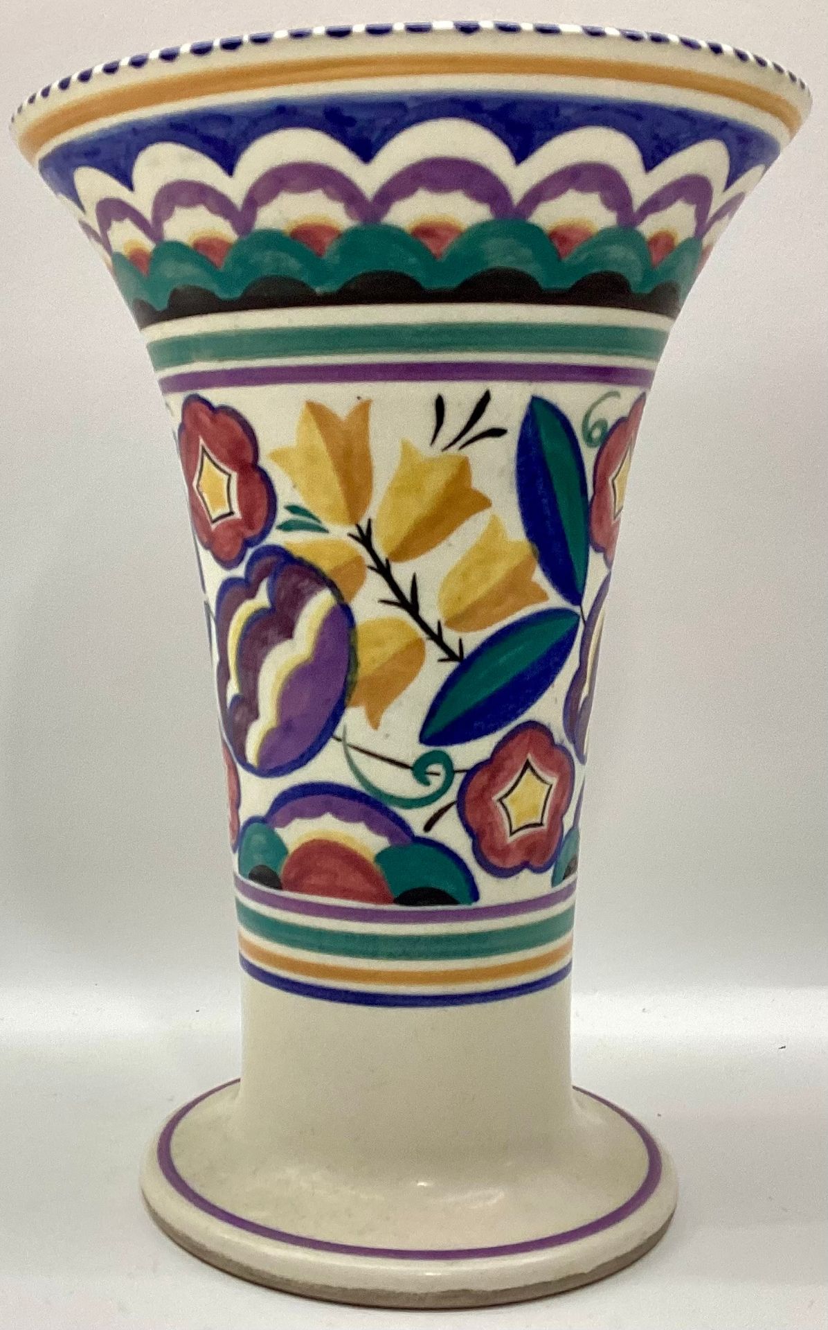Poole Pottery shape 598 YW pattern large trumpet vase by Clarice Heath 9" high.