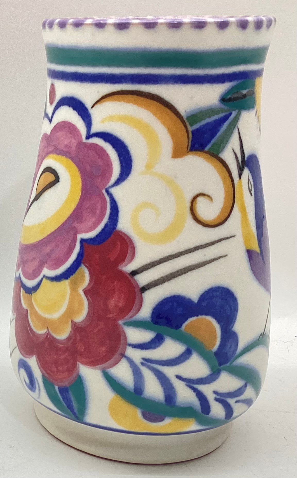 Poole Pottery shape 204 SN pattern vase decorated with blue & purple bird 6" high.
