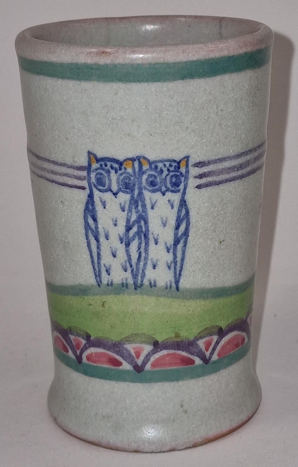 Poole Pottery shape 586 rare & hard to find OK pattern spill vase depicting two owls 3.8" high.