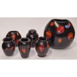 Poole Pottery living glaze Galaxy purse vase 8" high together with a set of five miniatures all