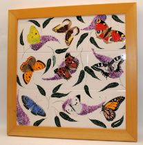 Poole Pottery interest large framed tile panel by Sue Pottinger depicting Butterflies 21" x 21".