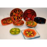 Poole Pottery Delphis to include shape 3 dishes x 2, shape 361 pin tray x 2, shape 56 bowl x 2,