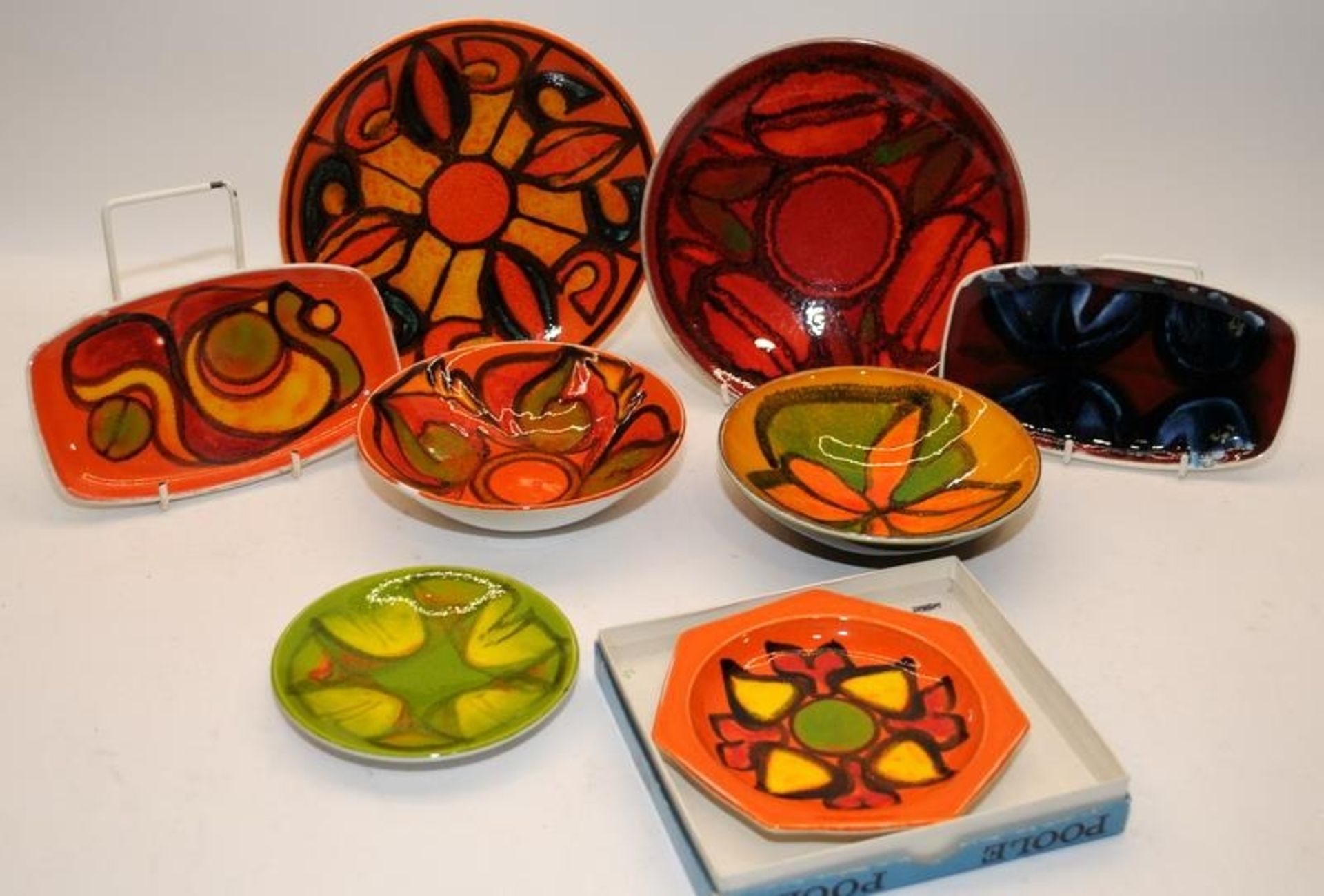 Poole Pottery Delphis to include shape 3 dishes x 2, shape 361 pin tray x 2, shape 56 bowl x 2,