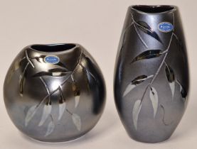 Poole Pottery Zen pattern Manhattan Vase 10" high, together with a Purse vase 8" high both boxed (2)