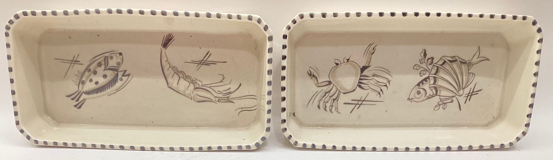 Poole Pottery shape 501 KU pattern complete set of hors d'oeuvres dishes in original wooden holder - Image 2 of 6