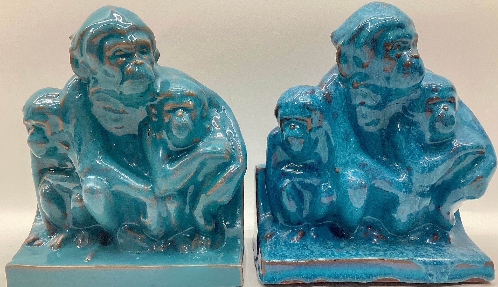 Poole Pottery rare & hard to find pair of Chinese Blue Monkey Bookends designed by Hugh Llewellyn (