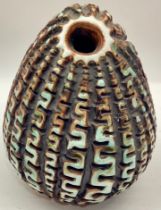 Poole Pottery Atlantis carved bud vase / pen holder by Guy Sydenham & Beatrix Bolton 4" high.