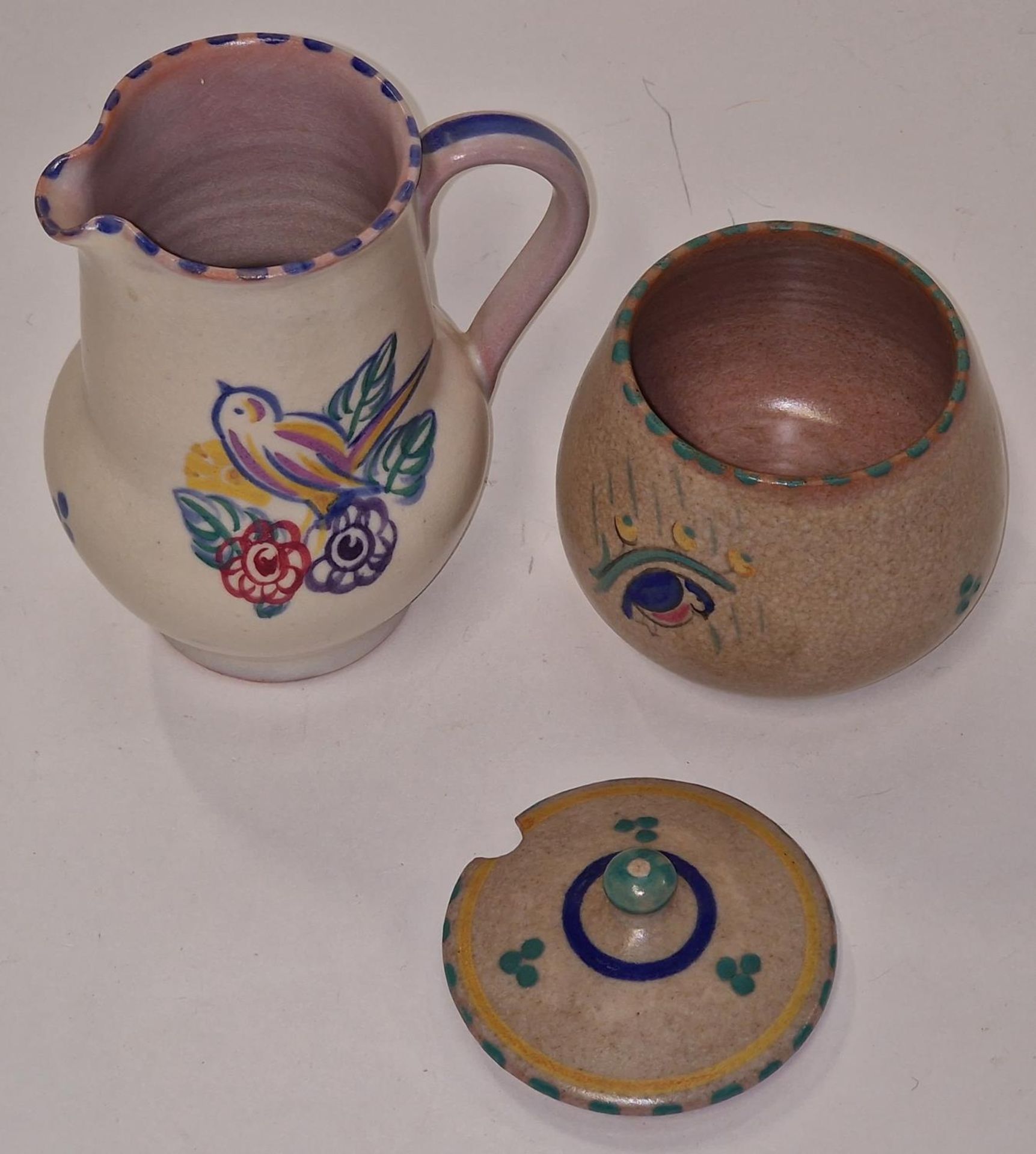 Poole Pottery Carter Stabler Adams WX pattern (Robin in the rain) lidded Jam pot together with a YY - Image 2 of 4