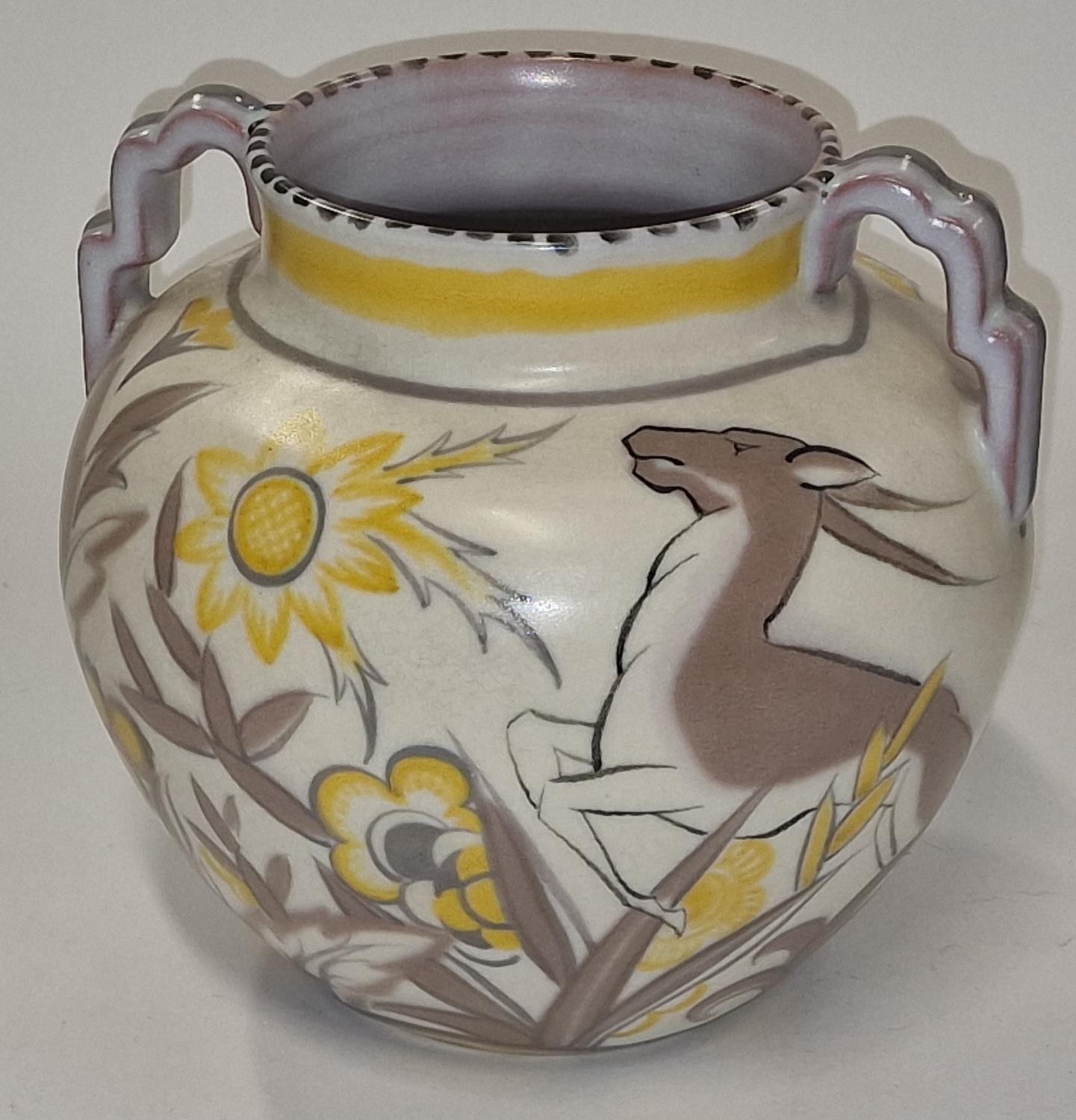 Poole Pottery Carter Stabler Adams shape 973 NO pattern twin step-handled vase decorated by Anne - Image 2 of 3