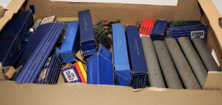 A box of vintage Hornby OO gauge rolling stock, some boxed, some loose with empty boxes