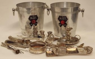 Collection of silver plated items to include two Moet & Chandon champagne buckets.