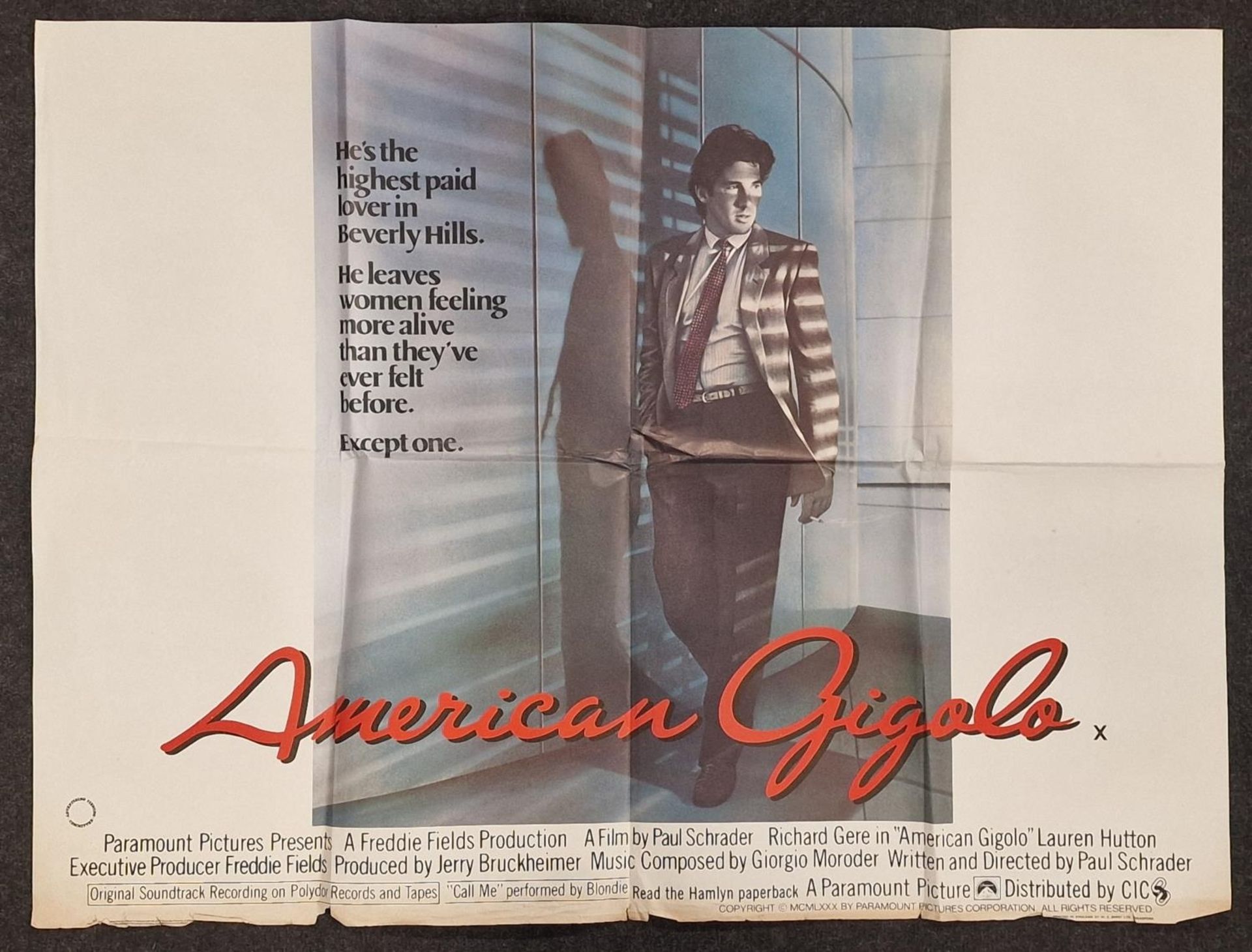 "American Gigolo" original vintage folded quad film poster 1980 starring Richard Gere 40"x30".