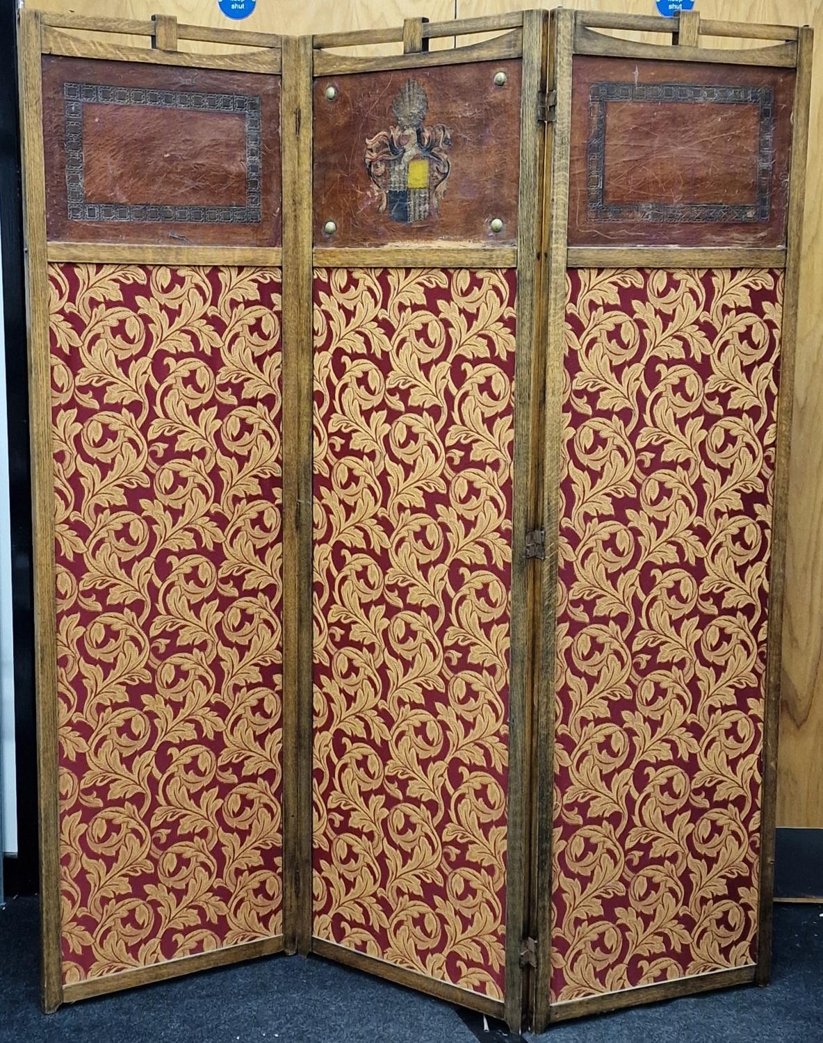 A vintage oak framed tapestry three section folding screen 171x150cm.