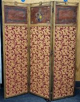 A vintage oak framed tapestry three section folding screen 171x150cm.