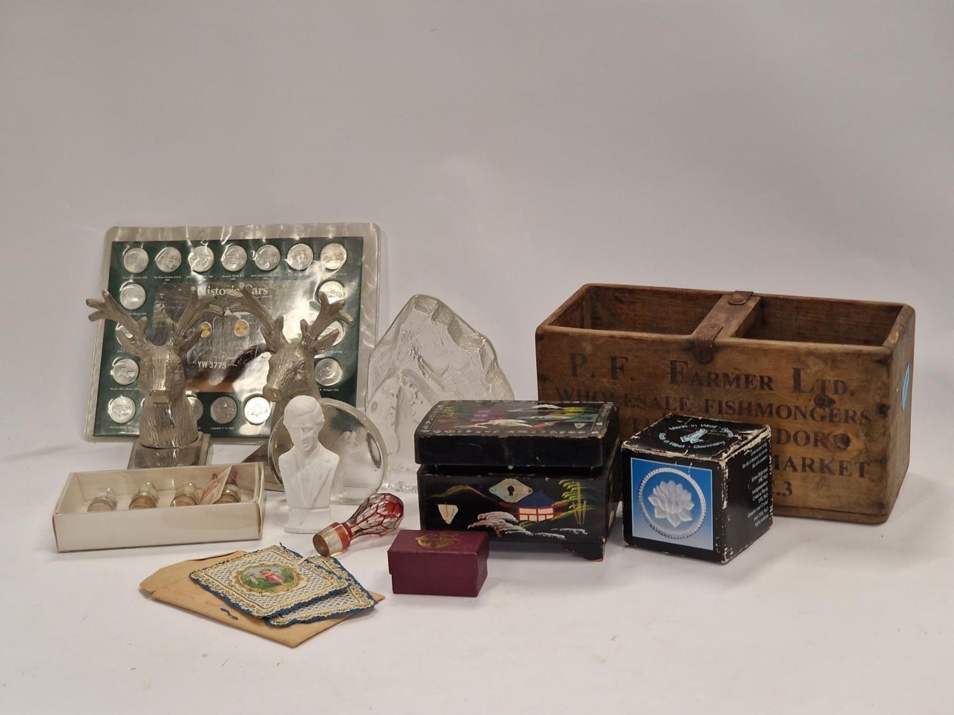 Mixed lot to include glassware, silver plated stag heads, jewellery box, wooden box etc.