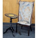 Antique mahogany framed upholstered bucket back chair together with an ebonised tilt top wine