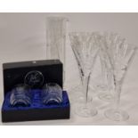 A set of 6 Royal Doulton crystal Luna wine glasses, a Royal Doulton wine carafe and a boxed pair