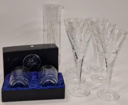 A set of 6 Royal Doulton crystal Luna wine glasses, a Royal Doulton wine carafe and a boxed pair