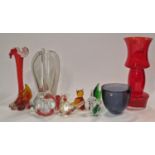 Collection of coloured glass to include animals and vases.