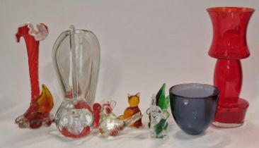 Collection of coloured glass to include animals and vases.