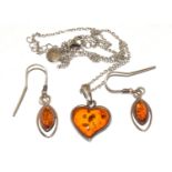 Honey amber 925 silver Heart pendant and earrings