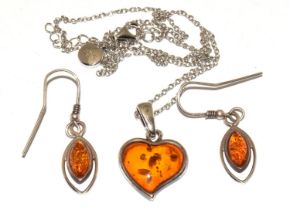 Honey amber 925 silver Heart pendant and earrings