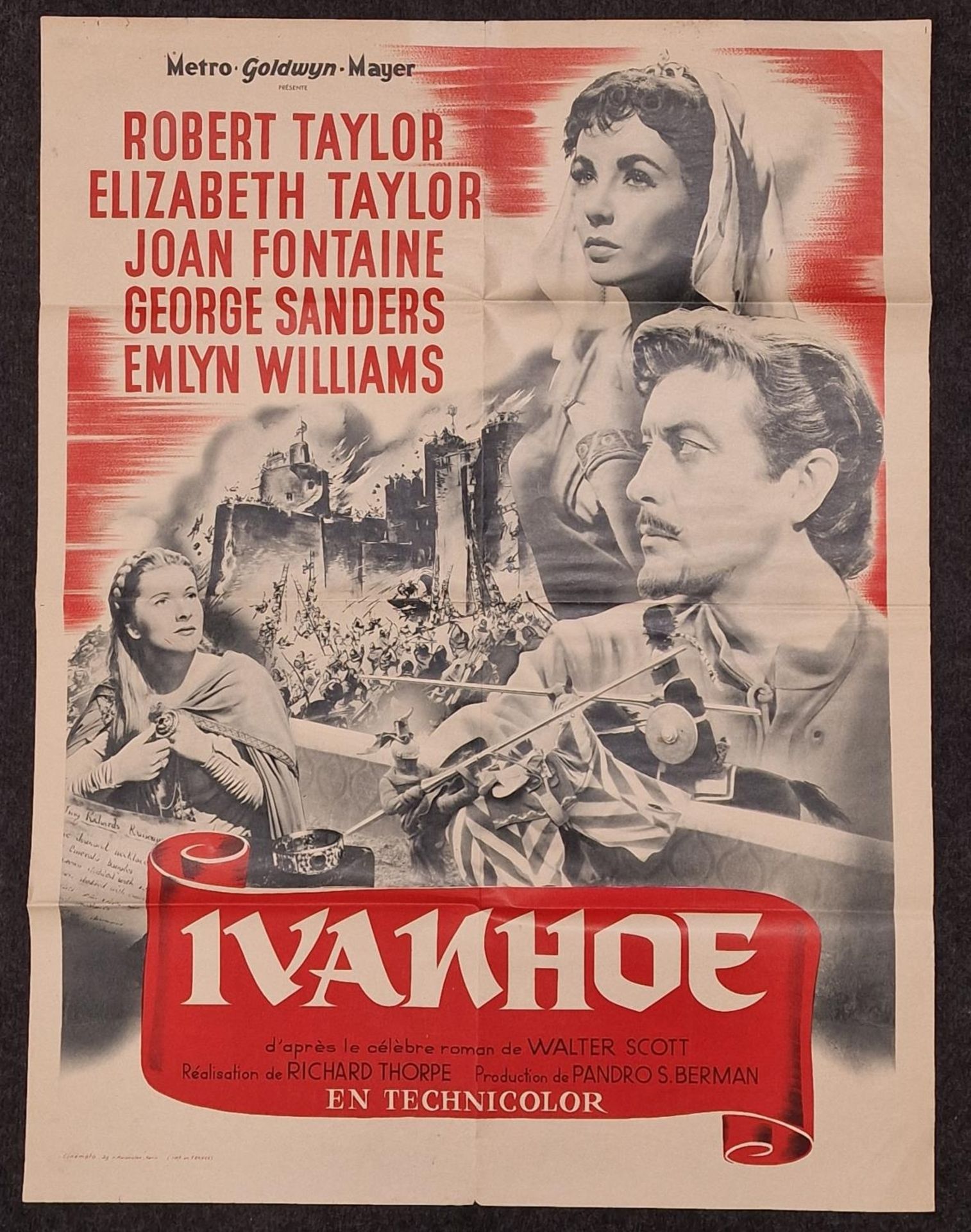 "Ivanhoe" original vintage folded French film poster 1952 starring Robert Taylor, Elizabeth