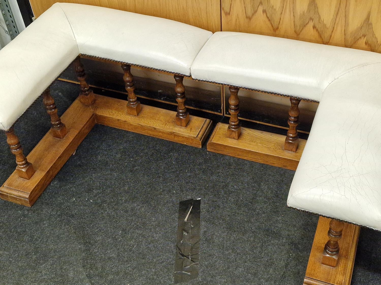 A pair of vintage oak fireside benches with white leather upholstered seats each 50cm x 67cm x 66cm. - Image 2 of 2