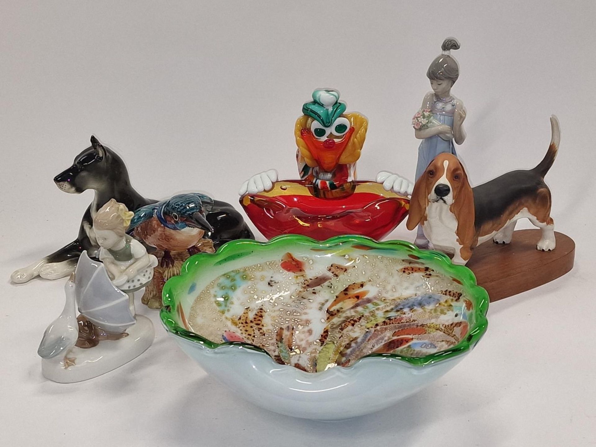 Collection of china and glassware figurines to include Murano Clown and Lladro.