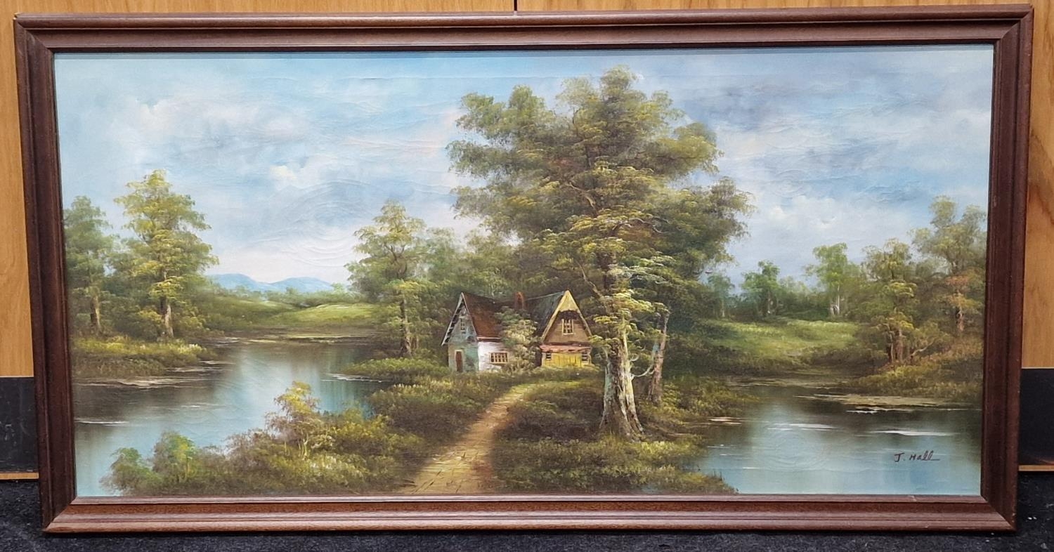 Framed vintage oil on canvas painting signed "J. Hall" 131x71cm.
