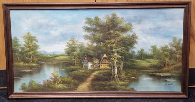 Framed vintage oil on canvas painting signed "J. Hall" 131x71cm.