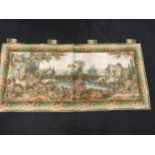 Vintage tapestry wall hanging depicting an outdoor scene.