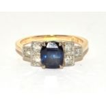 Sapphire/Diamond platinum head 18ct gold ring Size P, Boxed.