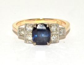 Sapphire/Diamond platinum head 18ct gold ring Size P, Boxed.