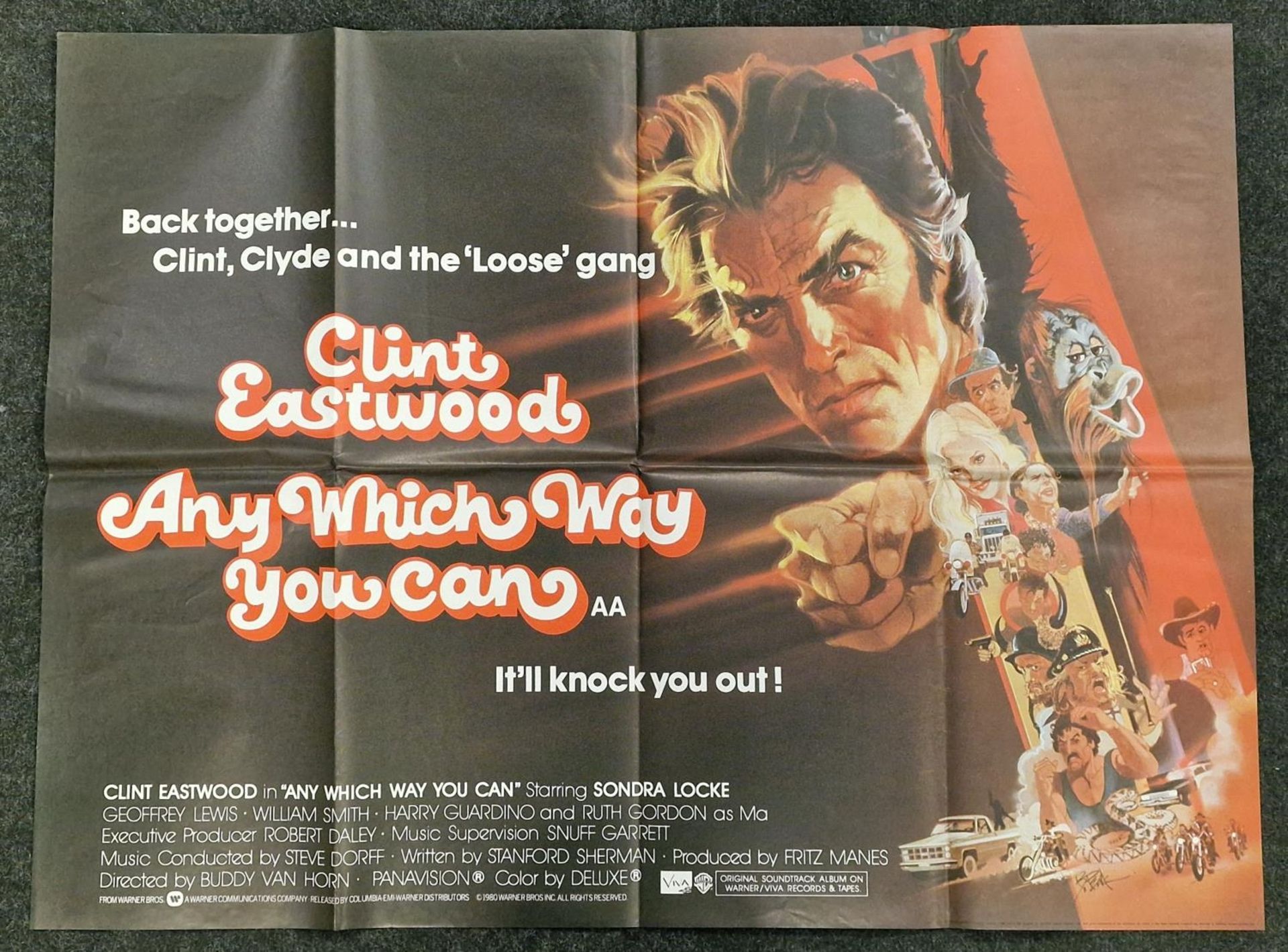 "Any Which Way You Can" original vintage folded quad film poster 1980 starring Clint Eastwood 40"
