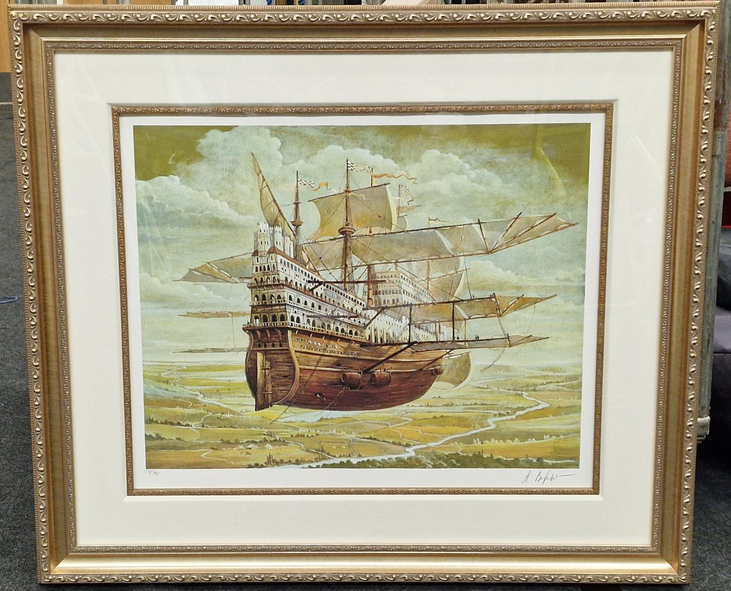 Andrey Vereshagin: Gilt framed and glazed limited edition serio lithograph print of a flying ship