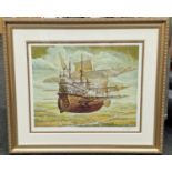 Andrey Vereshagin: Gilt framed and glazed limited edition serio lithograph print of a flying ship