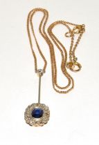 Sapphire old cut diamond pendant on gold chain.