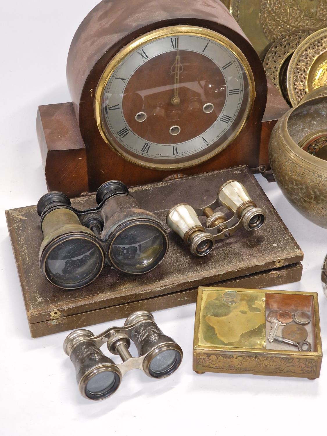 Mixed lot to include vintage Smith's mantel clock, opera glasses, treen, metalware etc. - Image 2 of 3