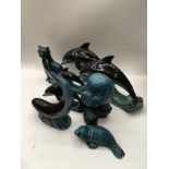 Various blue glazed Poole pottery animals (8)