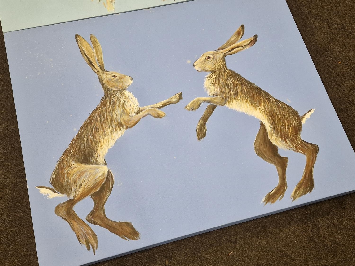 Krysyna Evans: Local artist two contemporary oil on canvas paintings of hares "Dancing Hares" and " - Image 2 of 4