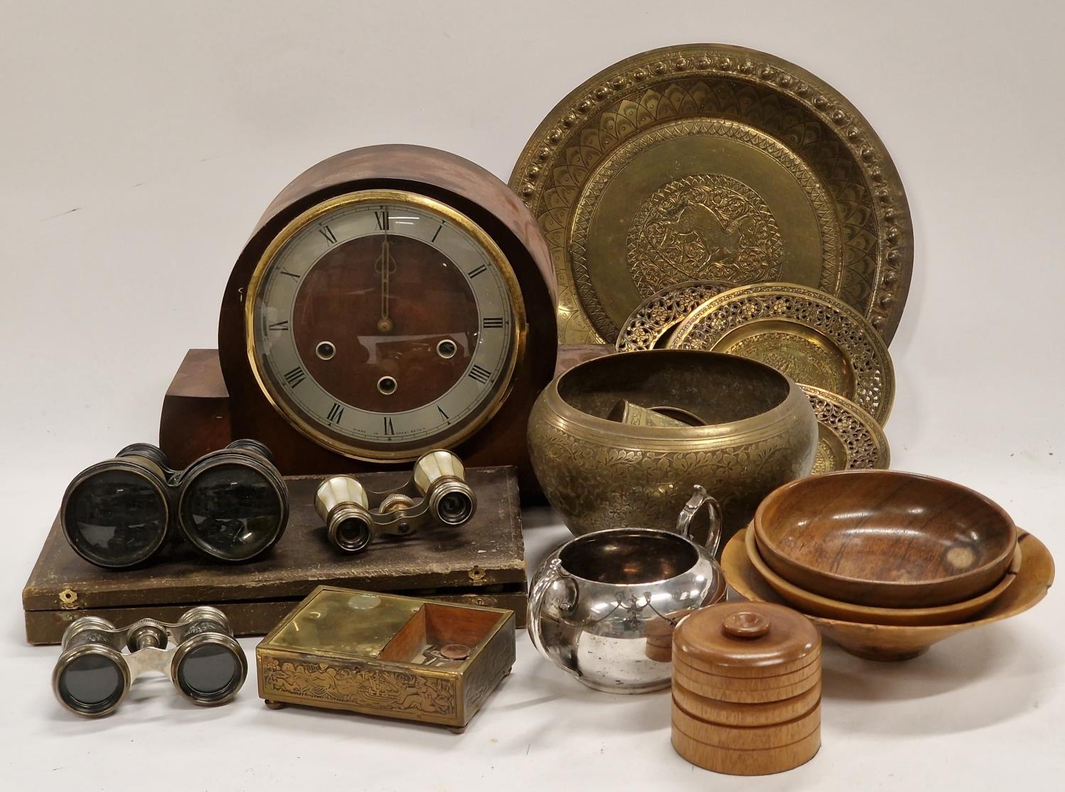 Mixed lot to include vintage Smith's mantel clock, opera glasses, treen, metalware etc.