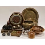 Mixed lot to include vintage Smith's mantel clock, opera glasses, treen, metalware etc.