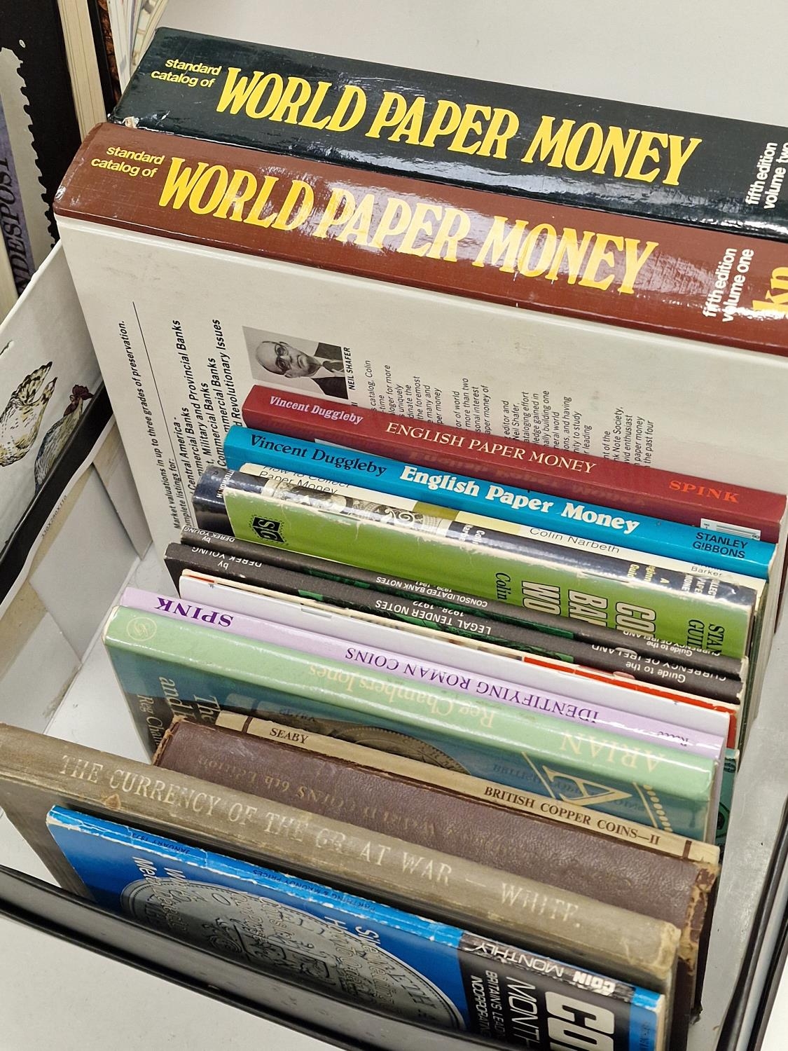 Two boxes of books relating to stamp and coin collecting together with some UFO and science - Image 3 of 4