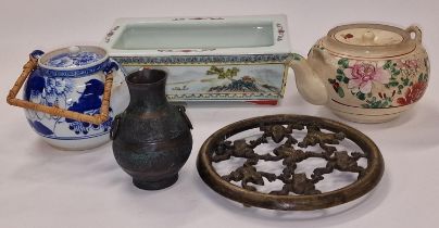 A collection of oriental vintage pottery and bronze to include a bronze teapot stand, a bronze vase,