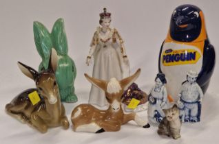 Collection of ceramic ornaments to include Royal Worcester Queen Elizabeth II, Beswick cat, large